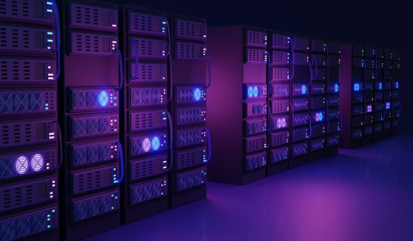 Data center facility with servers for information storage 3D illustration concept. Hosting uploaded databases with modern technology. Rack hardware with hard drives, processors and powerful tech.