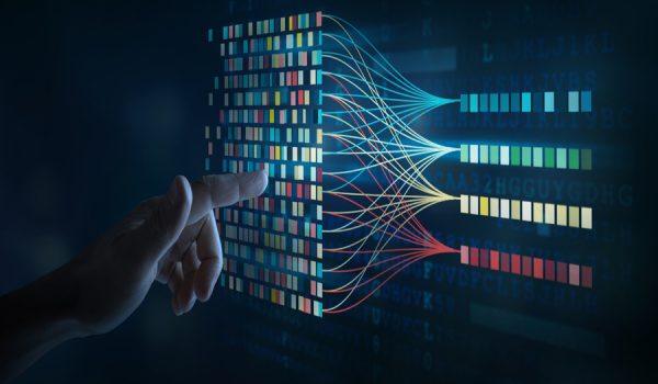 Data science and big data technology.  Big data analytics visualizing complex data set on touchscreen. Data mining.