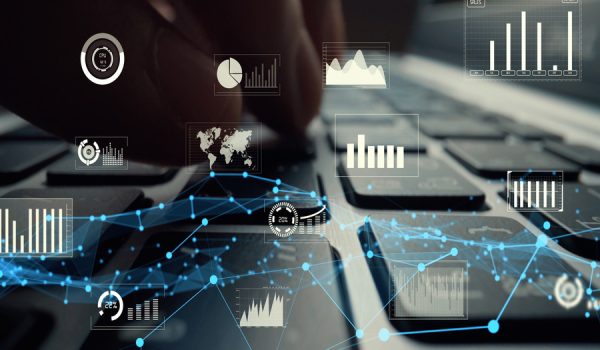 Creative visual of business big data and finance analysis on computer showing concept of statistical investment decision making methodology, fintech and financial engineering .