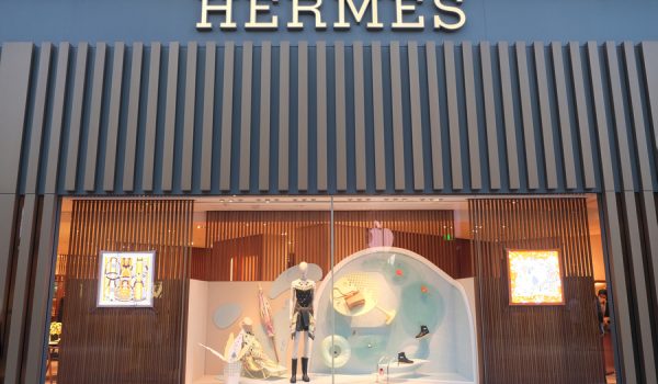 Shanghai,China-September 11th 2022: facade of Hermes store window. French luxury fashion company