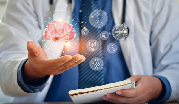 Doctor surgeon and neurologist use robotic and medical technology diagnose and examine patient brain with intelligence software. AI, Innovation,