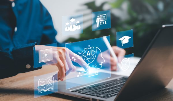 Education technology and AI Artificial Intelligence concept, Women use laptops, Learn lessons and online webinars successfully in modern digital learning,  Courses to develop new skills