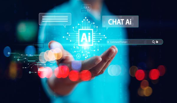 Ai business tech concept. Businessman, developer show virtual graphic global internet connect chat with robot AI, Artificial Intelligence service. Command prompt open generate futuristic technology