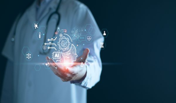 Medical technology, doctor use AI robots for diagnosis, care, and increasing accuracy patient treatment in future. Medical research and development innovation technology to improve patient health.