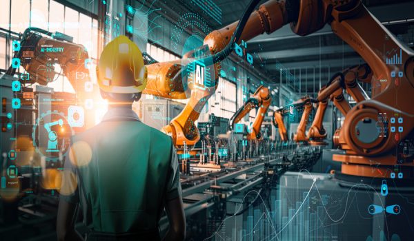 Factory Female Industrial Engineer working with Ai automation robot arms machine in intelligent factory industrial on real time monitoring system software.Digital future manufacture.