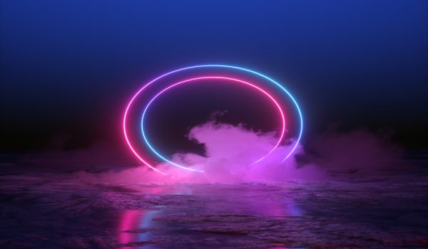 3d render, abstract background, round portal, pink blue neon lights, virtual reality, circles, energy source, glowing rings, blank space, frame, ultraviolet spectrum, laser show, smoke, fog, ground