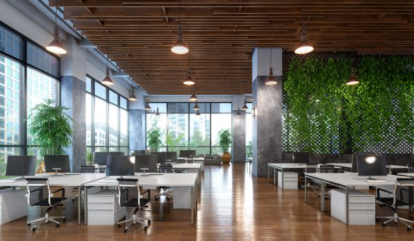 Open office with view from a large windows interior. 3d illustration