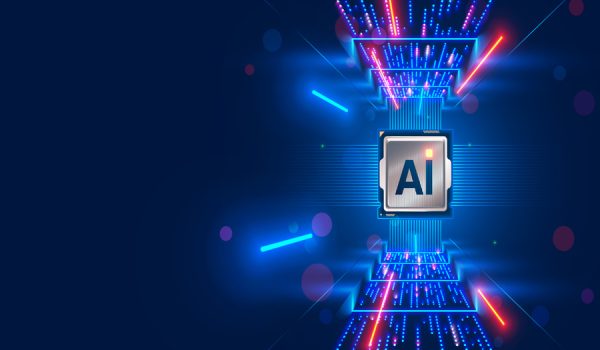Processor with integration AI. AI Letters on chip. CPU connected to data storage. Artificial intelligence technology in electronic chip. Data processing by artificial intelligence chip. AI hardware.