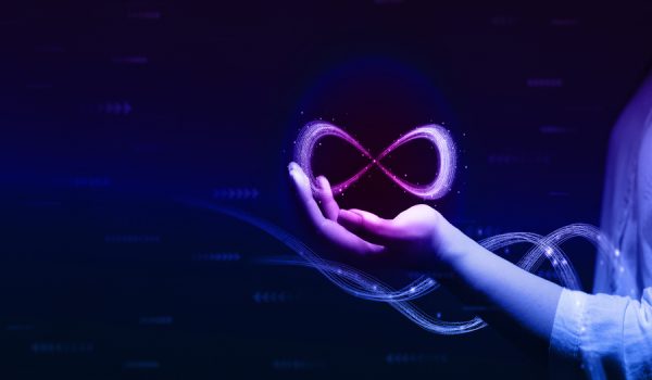 Metaverse Technology concepts. Hand holding virtual reality infinity symbol.New generation technology.Global network technology and  innovation