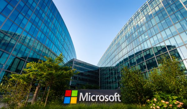 Issy-les-Moulineaux, France - July 2, 2023: Facade of the French headquarters of Microsoft, an American multinational that develops, manufactures, licenses and markets computer software