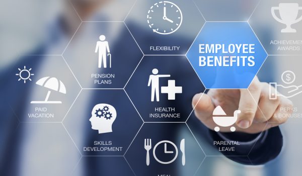 Employee benefits compensation package with health insurance, paid vacation, pension plans, parental leave, perks and bonuses. Payroll reward management and social security. Human resources concept.