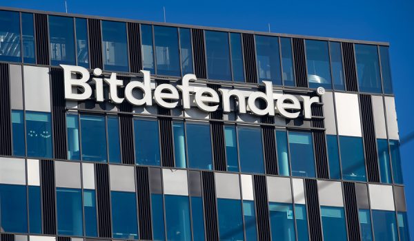 Bucharest, Romania -  October 04, 2021: The logo of Romanian cybersecurity and anti-virus software company Bitdefender is seen on the top of the Orhideea Towers building, in Bucharest, Romania.