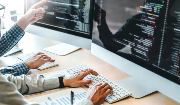 Developing programmer Team Development Website design and coding technologies working in software company office