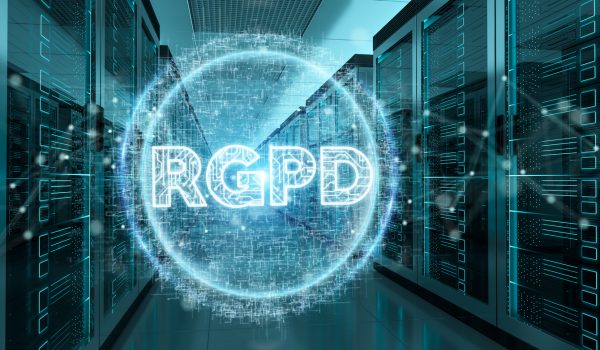 Digital GDPR interface in server room data center storage 3D rendering