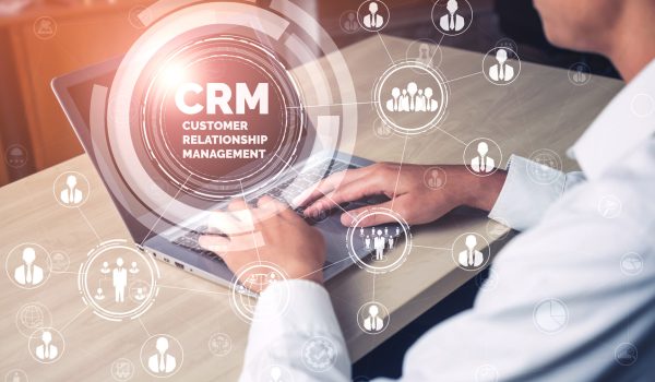 CRM Customer Relationship Management for business sales marketing system concept presented in futuristic graphic interface of service application to support CRM database analysis.