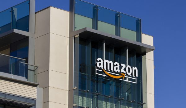 Palo Alto, CA, USA - Feb 18, 2020: The Amazon logo seen at Amazon campus in Palo Alto, California. The Palo Alto location hosts A9 Search, Amazon Web Services, and Amazon Game Studios teams.