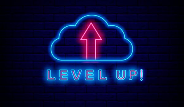 Level up neon sign with cloud frame. Online computer game, a new level. Nightlife promotion template. Glowing effect banner. Editable stroke. Vector stock illustration