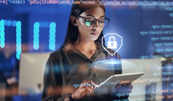 Lock hologram, tablet and woman with data analysis safety, software overlay and cyber security coding at night. Html, script and indian person reading with digital technology and networking research