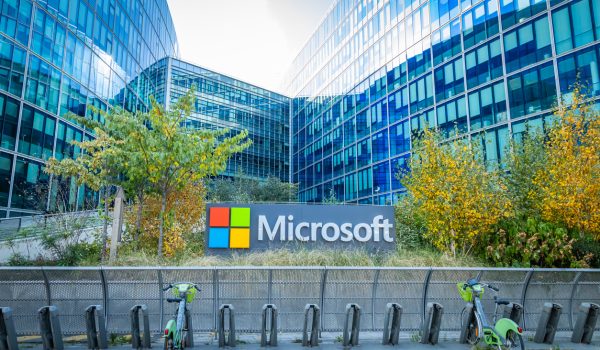 Issy-les-Moulineaux, France - September 09, 2023 : Microsoft sign at the headquarters building in Issy-Les-Moulineaux, France