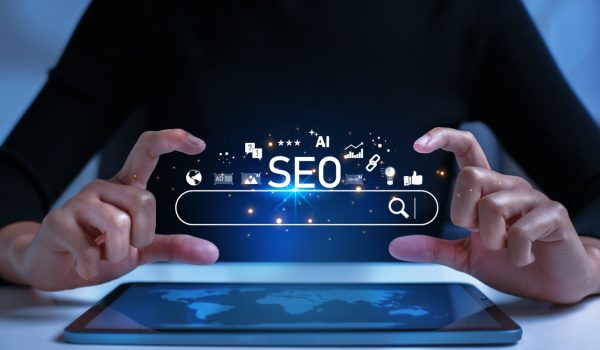 SEO Search Engine Optimization concept. The search bar shows SEO tools icons on your website with AI assistants, user analytics, content creation, and search algorithm improvements.