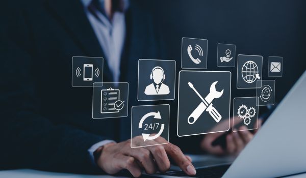 Technical support and customer service concept. Digital icon representing technical support, customer service, and 24/7 assistance. Business technology solutions for global support, service management