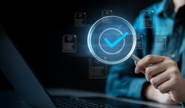 Magnifying glass document management checklist. Magnifying glass check mark approved. Audit certificate evaluate examination reviewing. Magnifying inspector inspect quality Assurance selection summary